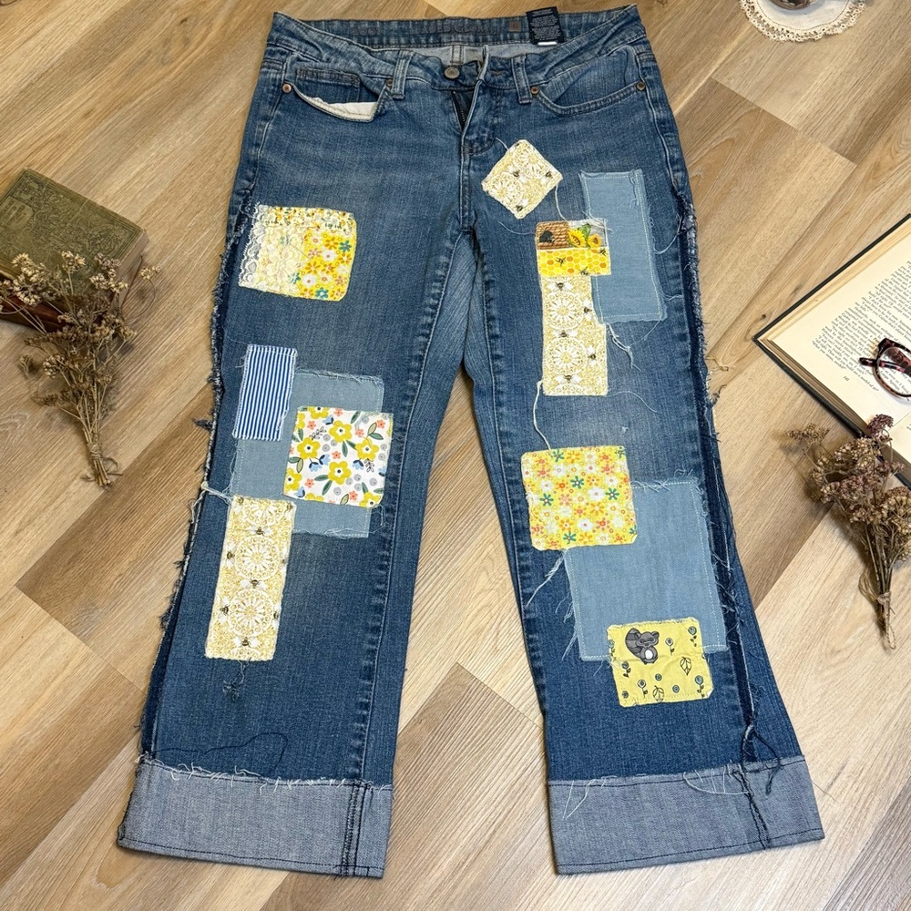 Upcycled Reworked Patchwork Boho Distressed Cropped Cuffed Shabby Chic Jeans